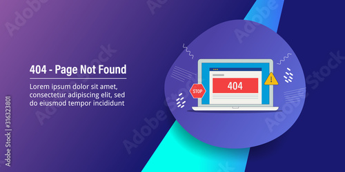 404 webpage displaying on laptop screen, 404 - page not found concept, web banner template.