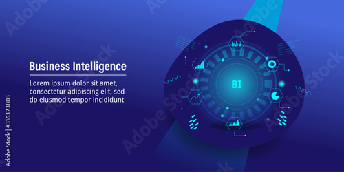 Business intelligence and marketing analytic with key performance indicator concept, holographic and futuristic design with neon and glowing effect. Web banner template with text.