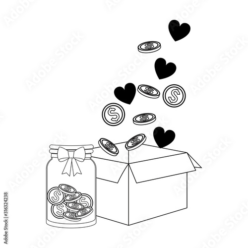 box with money coins, hearts and bottle with coins, flat design