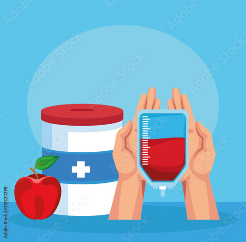 apple, donation tin and hand holding a blood bag, colorful design