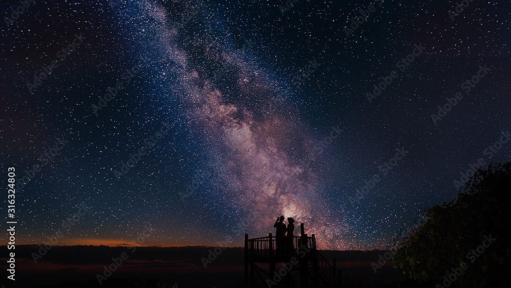 Silhouette Photography of A Couple Taking Photo of Stars and Milky Way At A Viewpoint in Mae Hong Son Province, Thailand.