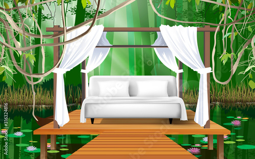 white bed on the wooden board on the river in the jungle