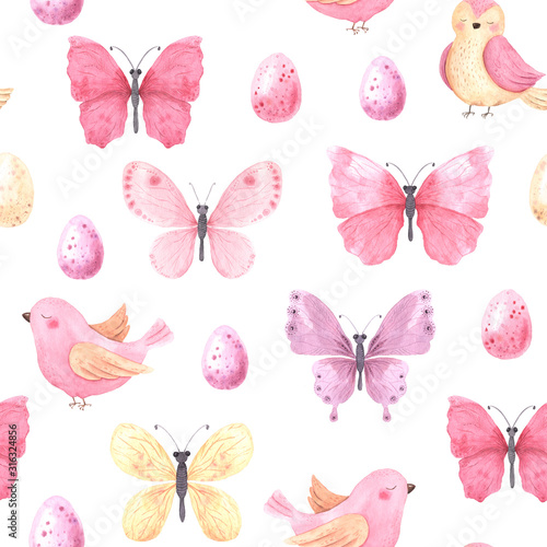 Obraz na płótnie Akwarela motyle i ptaki wzór