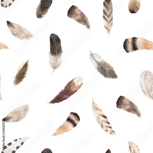 Seamless pattern with watercolor feathers