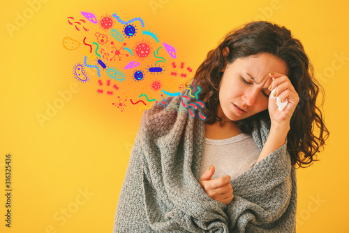 Woman ill with flu on color...