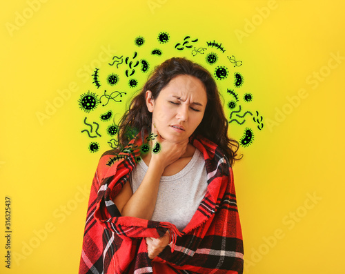 Woman ill with flu on color...