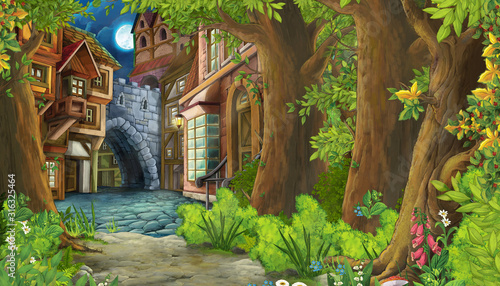 cartoon nature scene with medieval city street - illustration for children