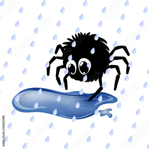 black funny spider touching a puddle. rainy weather. vector illustration. cartoon character. kids print. design element for label, sticker, baby book layout, t shirt
