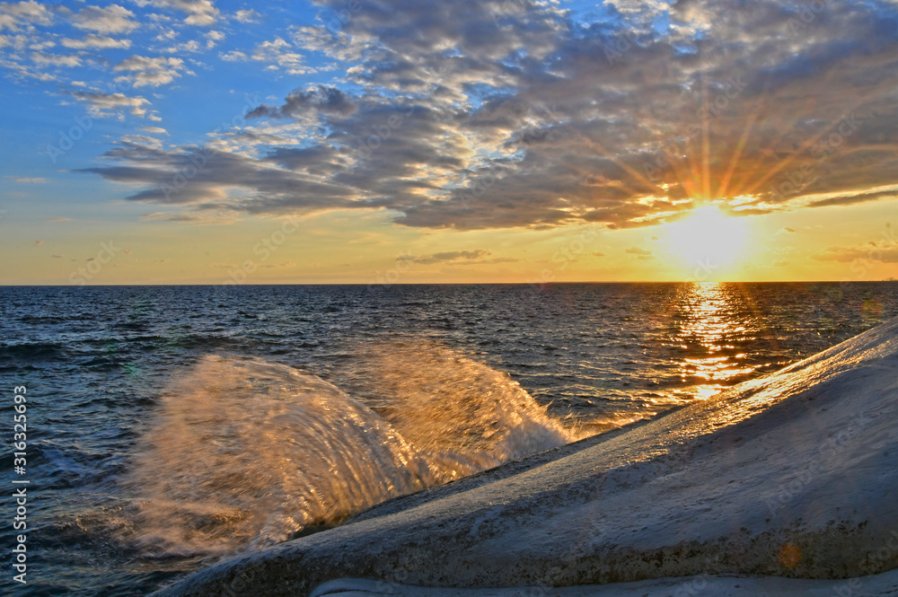 Sunset over the Mediterranean sea, White stones, Limassol, Cyprus. HDR