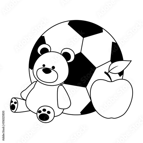 soccer ball, teddy bear and apple