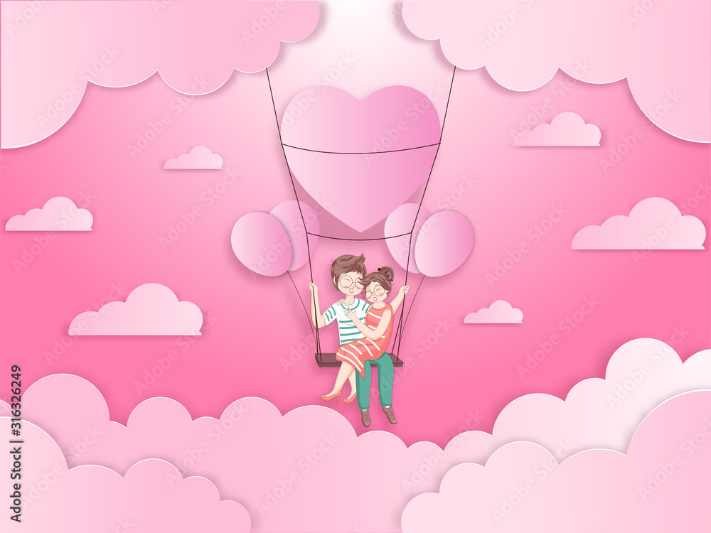Pink Paper Cut Cloudy Background with Cute Loving Couple Sitting on Heart Swing Decorated Balloons.