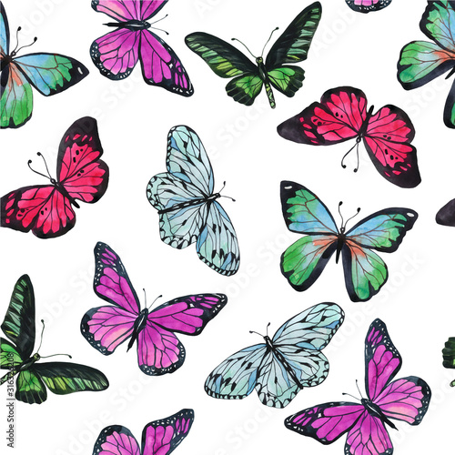 Watercolor print of different types of butterfly on a white background. Pattern for fabric  wrapping paper  wallpaper. Multi-colored print. Seamless pattern.