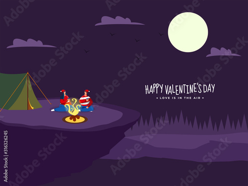 Purple Camping Landscape Night Scene Background with Faceless Loving Couple Enjoying Drinks in Front of Bonfire.