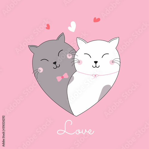 Loving Cartoon Cat Couple on Pink Background for Love Concept.