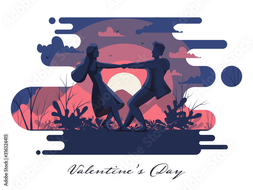 Lover Couple Dancing or Playing on Abstract Nature Landscape View in Evening Time for Valentine's Day.