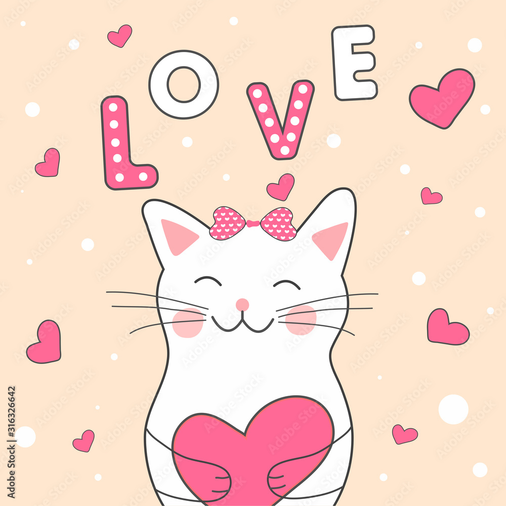 Love Text with Cartoon Cat holding Pink Heart on Light Peach Background.  Stock Vector | Adobe Stock