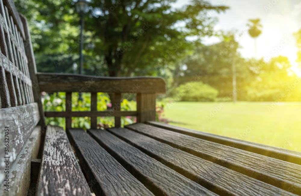 Empty Park wooden bench Closeup view. Wood exterior material. Empty Park wooden bench Closeup view. Wood exterior material.