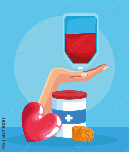 heart, donation tin and hand with blood bag, colorful design