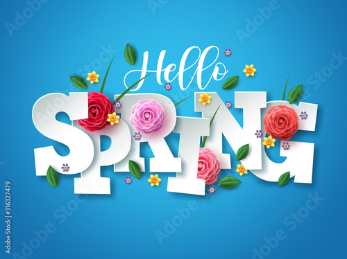 Hello spring vector greetings design. Spring text with colorful flower elements like camellia, daffodils, crocus and green leaves in blue background for spring season. Vector illustration. photo