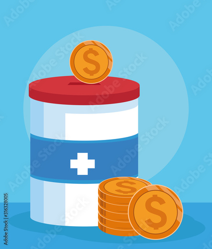 donation tin with money coins, colorful design