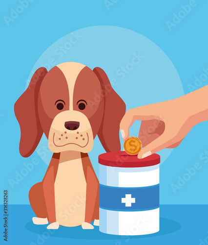 cartoon dog with donation tin and hand with money coin