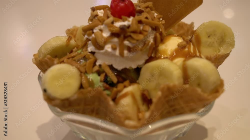 ice-cream with waffle and whipped cream ice-cream with waffle and whipped cream