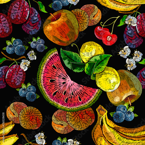 Embroidery fruit seamless pattern. Food art. Template for clothes, textiles, t-shirt design. apples, plums. Summer garden style