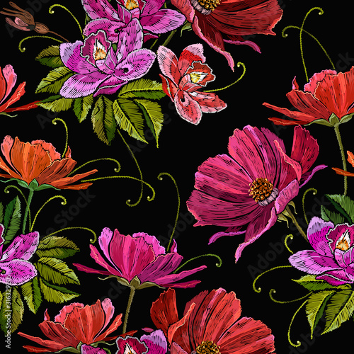 Red flowers peonies seamless pattern. Garden art. Fashion summer template for clothes, textiles and t-shirt design