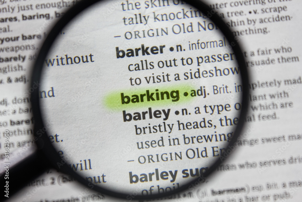The word or phrase barking in a dictionary. The word or phrase barking in a dictionary.