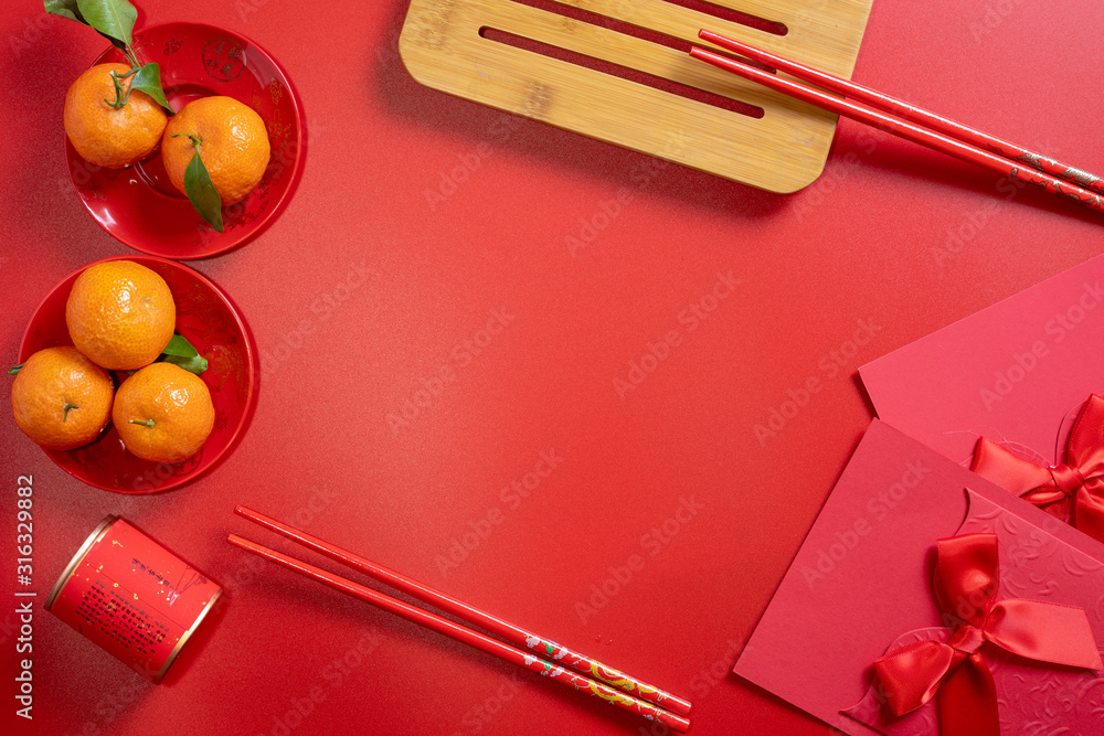 red background flatlay with chinese lunar new year elements red background flatlay with chinese lunar new year elements