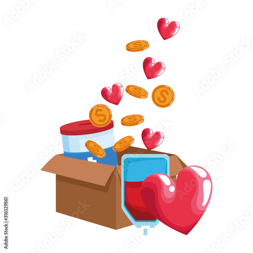 box with donation tin, blood bag and heart, colorful design