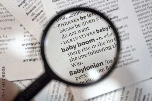 The word of phrase - baby boom - in a dictionary.
