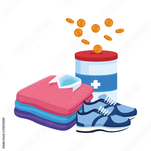 men shirts, donation tin and sport shoes