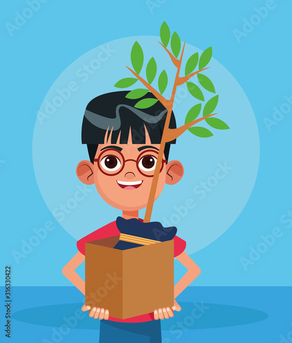 cartoon boy holding a box with a plant, colorful design