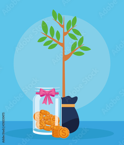plant and glass bottle with money coins, colorful design