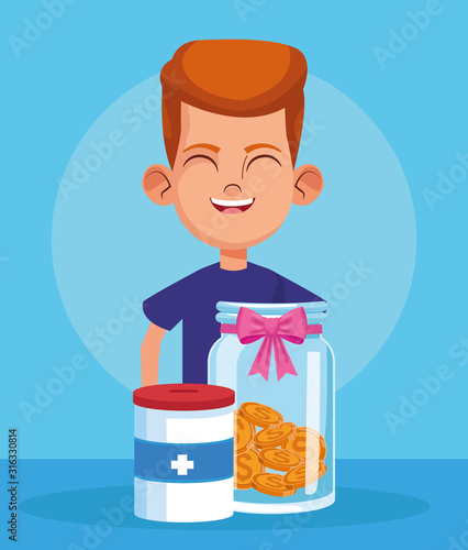 Cartoon happy boy with monebox, colorful design