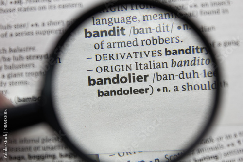 The word or phrase bandolier in a dictionary. photo