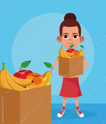 cartoon girl with paper boxes with fruits, colorful design