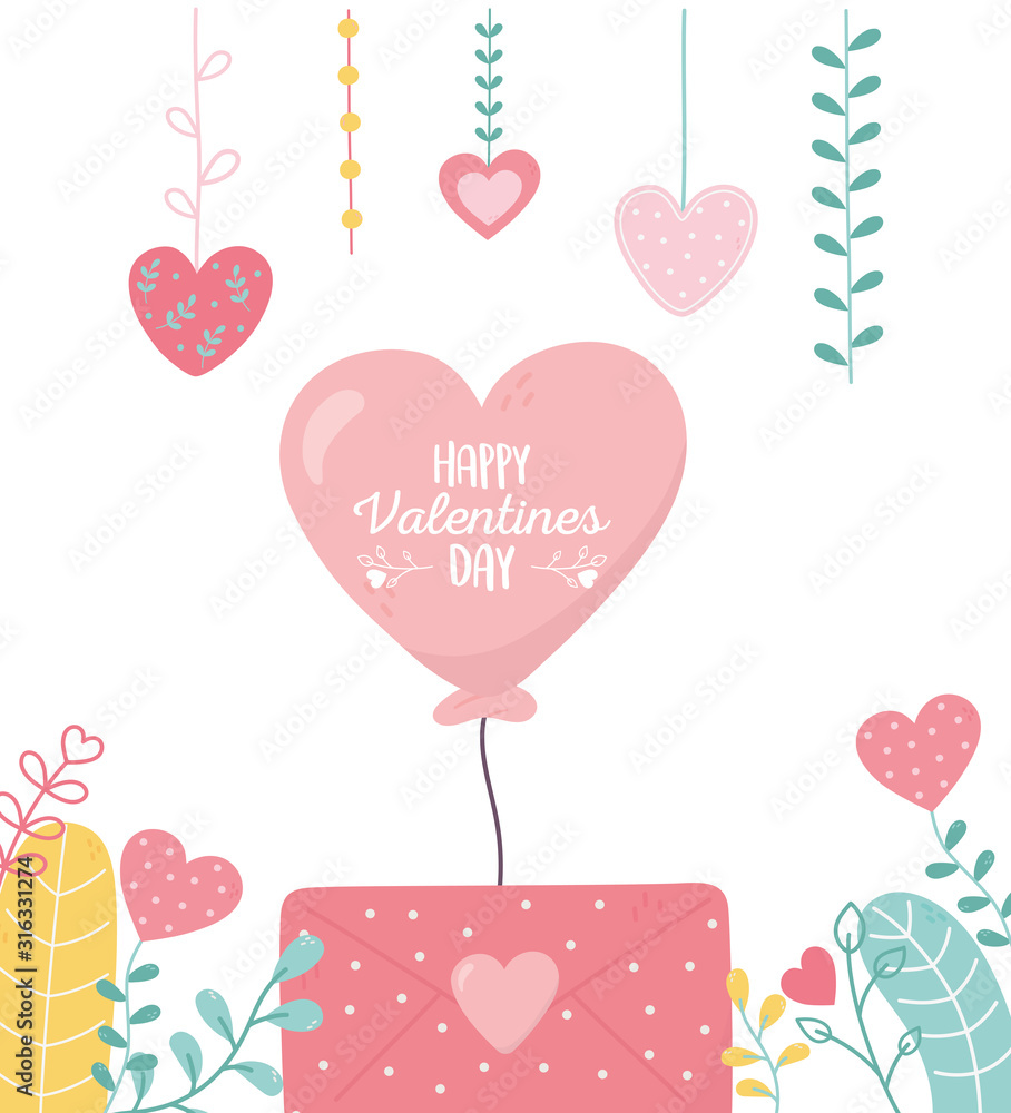 happy valentines day, dotted envelope message balloon hearts love foliage