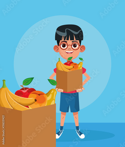 cartoon boy with box with fruits, colorful design