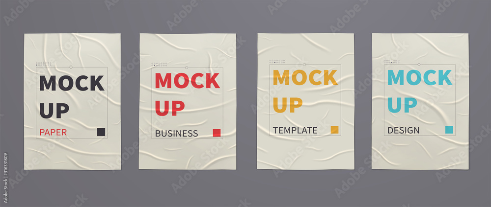 Wrinkled wet posters mockups of crumpled sheets of paper. Set of advertising templates for design. Wrinkled wet posters mockups of crumpled sheets of paper. Set of advertising templates for design.