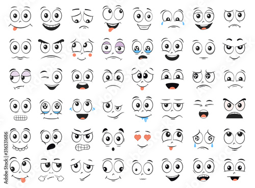 Cartoon faces set. Angry, laughing, smiling, crying, scared and other expressions. Vector illustration.
