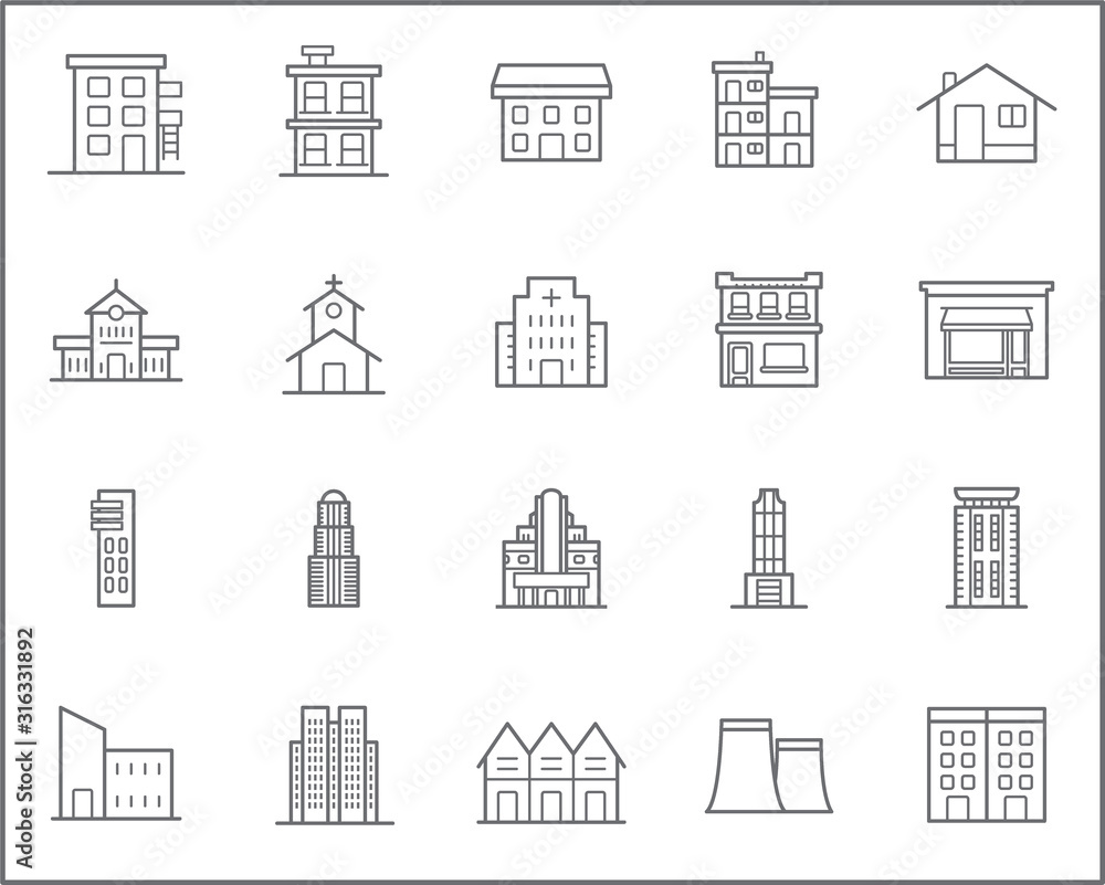 Set of building and real estate Icons line style. Included the icons as house, constructor, city, town, apartment, office, theater and more. customize color, stroke width control , easy resize.