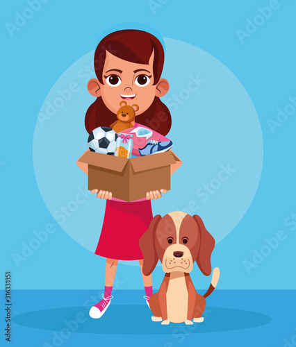 cartoon girl with donation stuffs box and cute dog