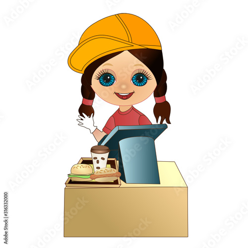 seller girl dressed in a rose T-shirt and a yellow cap in the diner sold a hamburger and a drink and waves his hand, showing that the cash desk is free, emoticon on white isolated background
