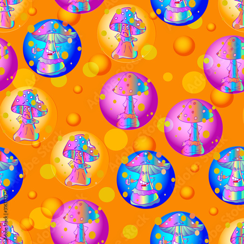 Colorful vibrant vector seamless pattern with funny mushrooms characters. 60s style background