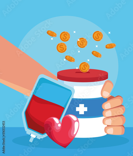 blood bag and hand with donation tin, colorful design