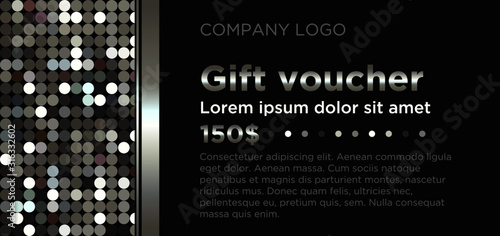 Dark vector gift voucher with a silver disco glitter