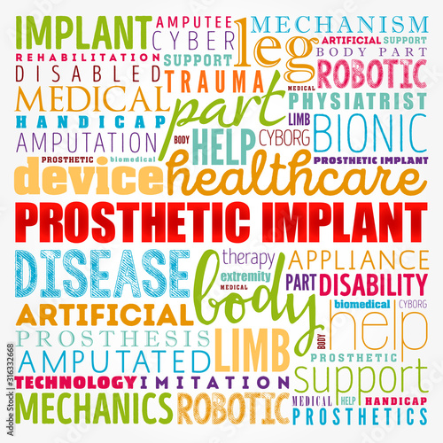 Prosthetic implant word cloud collage, medical concept background