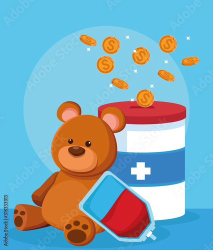 bear, blood bag and donation tin with money coins, colorful design